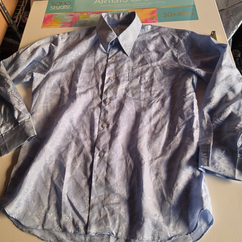 Vintage Pure Silk Light Blue Jacquard Pagoda Scenic Button Down Shirt Large